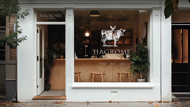 Hagromf — prodotti locali: la vetrina del negozio con la mucca disegnata sul vetro