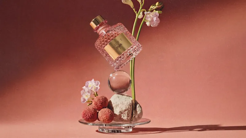 Lure — profumo: la boccetta in vetro rosa su un piatto di cristallo, con litchi e fresie