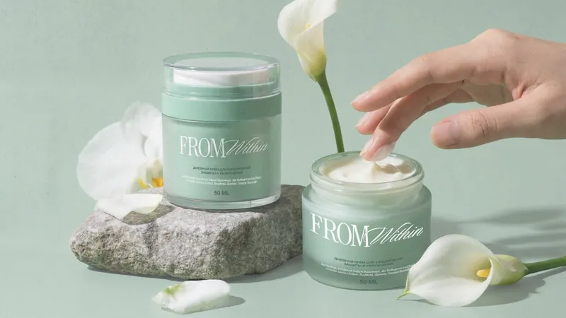 From Within — cosmetica: due vasetti verde salvia su una pietra, con calle bianche